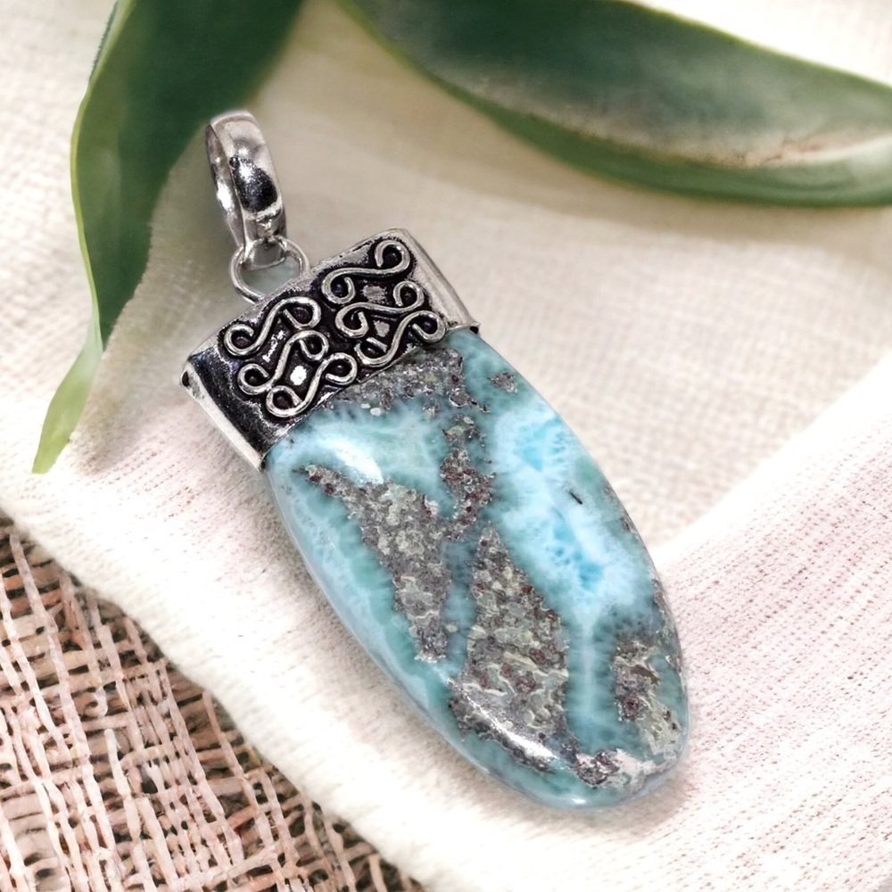 LARGE Larimar Natural Gemstone 925 Silver Cap Pendant Necklace